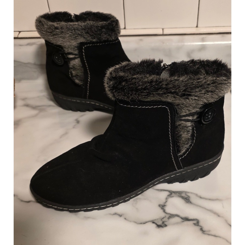 Khombu Women 9M Gracie Ankle Boots Black Suede Leather Faux Fur Trim Zipper